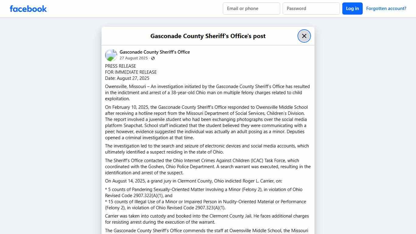 PRESS RELEASE FOR... - Gasconade County Sheriff's Office Facebook